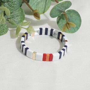 Roxanne Assoulin Project Stripe Gold Navy White Enameled Stretch Bracelet